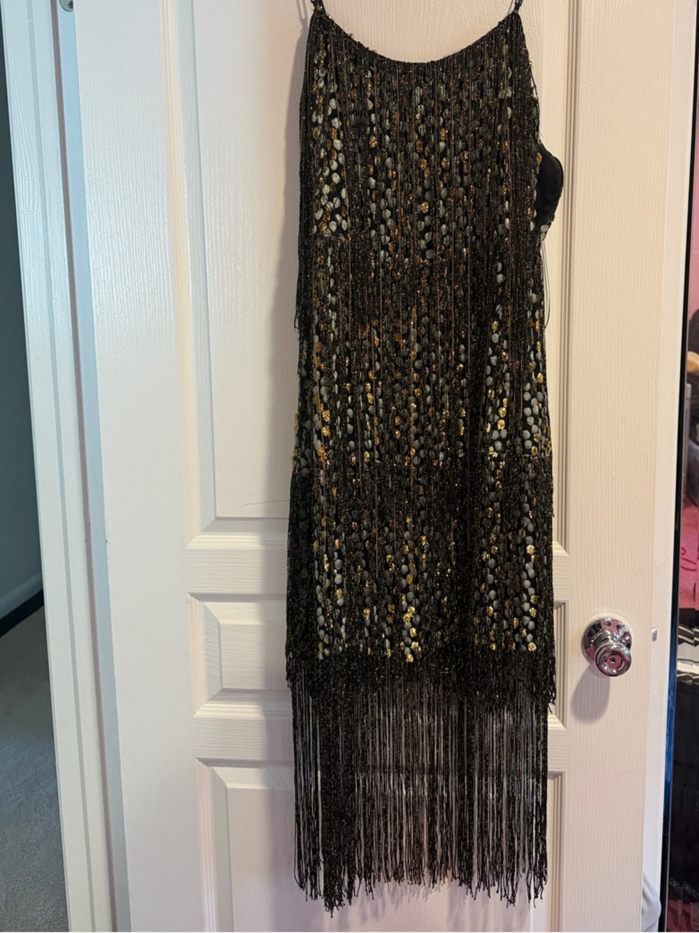 Elie Tahari Black and Gold Beaded Fringe Slip Dress